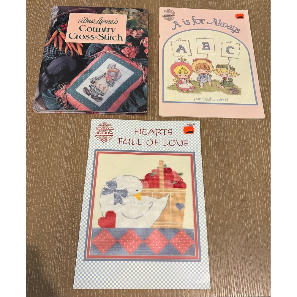 Vintage Cross Stitch Pattern Book Lot‎ Country Nursery Alphabet Hearts Folk Art